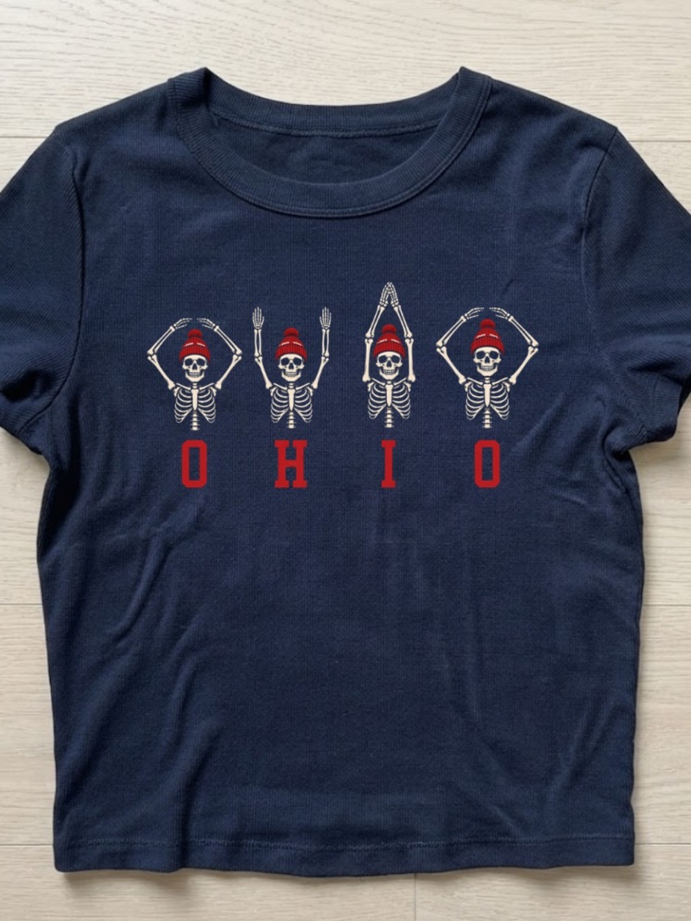 Ohio Skeletons Red Beanies Spelling Out State Name Vintage Navy Baby Tee - Picture 2 of 4